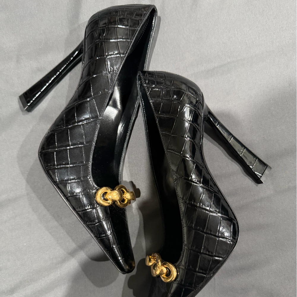 Saint Laurent Black Croc-Embossed Heels with Gold Accent - Picture 5 of 5